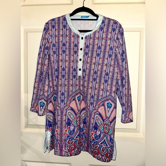 J. McLaughlin women’s quarter button front colorful boho printed top M spring - Picture 1 of 8